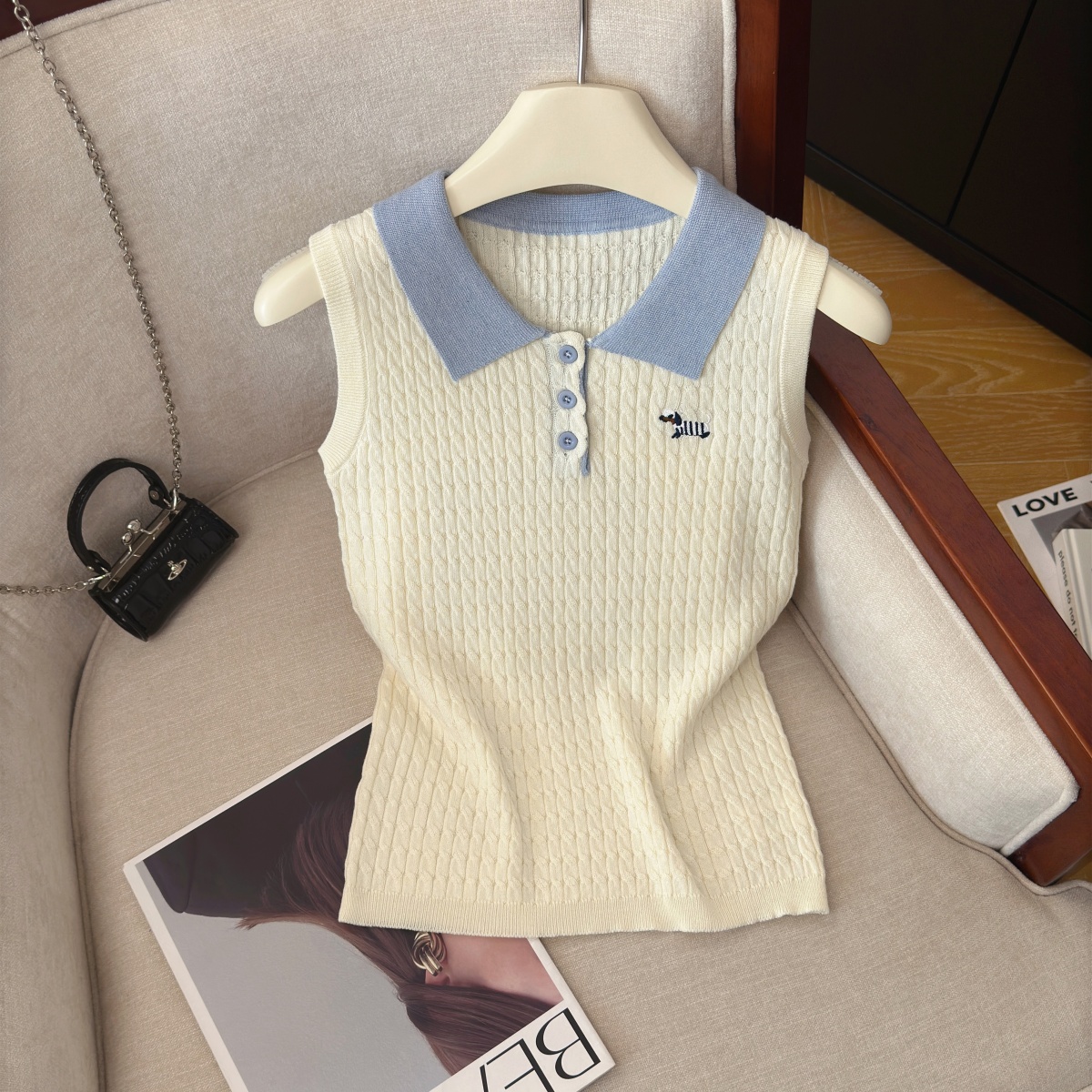 實拍工藝刺繡洋氣減齡無袖針織上衣女夏季新款polo領學院風背心