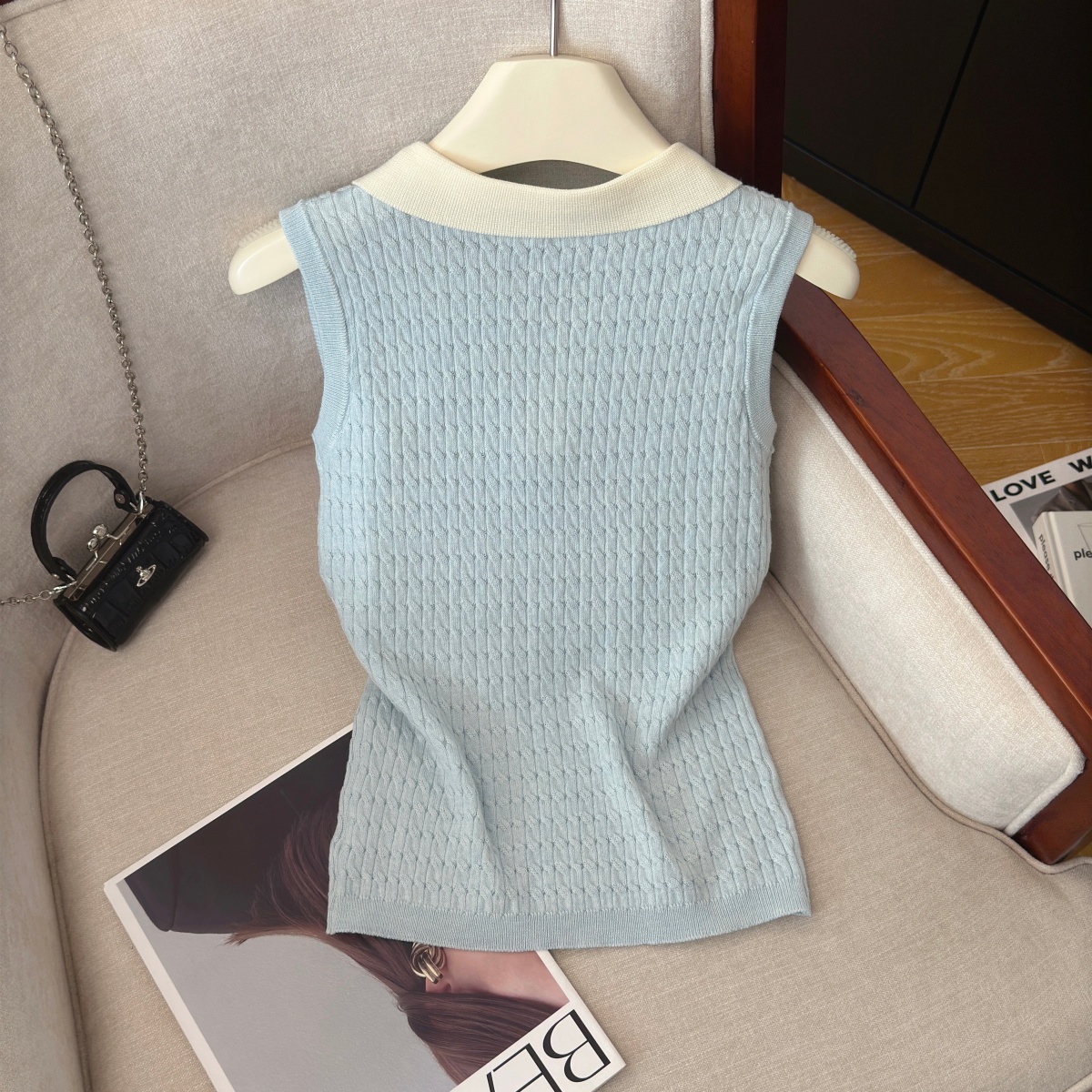 實拍工藝刺繡洋氣減齡無袖針織上衣女夏季新款polo領學院風背心