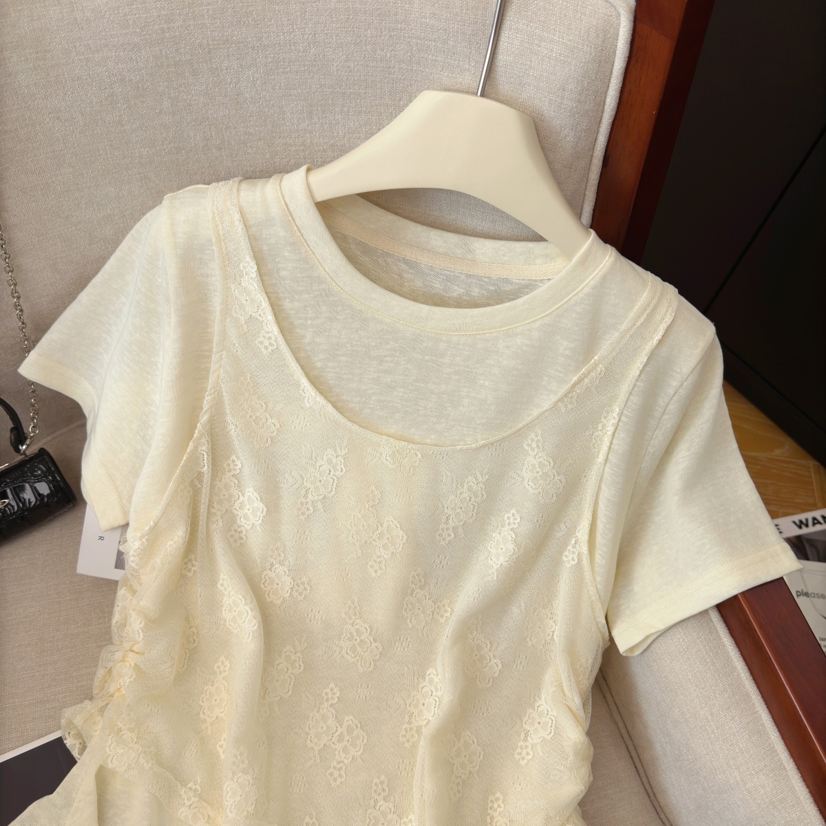 實拍軟糯舒適假兩件短袖女夏季新款設計感提花外穿氣質流蘇條上衣