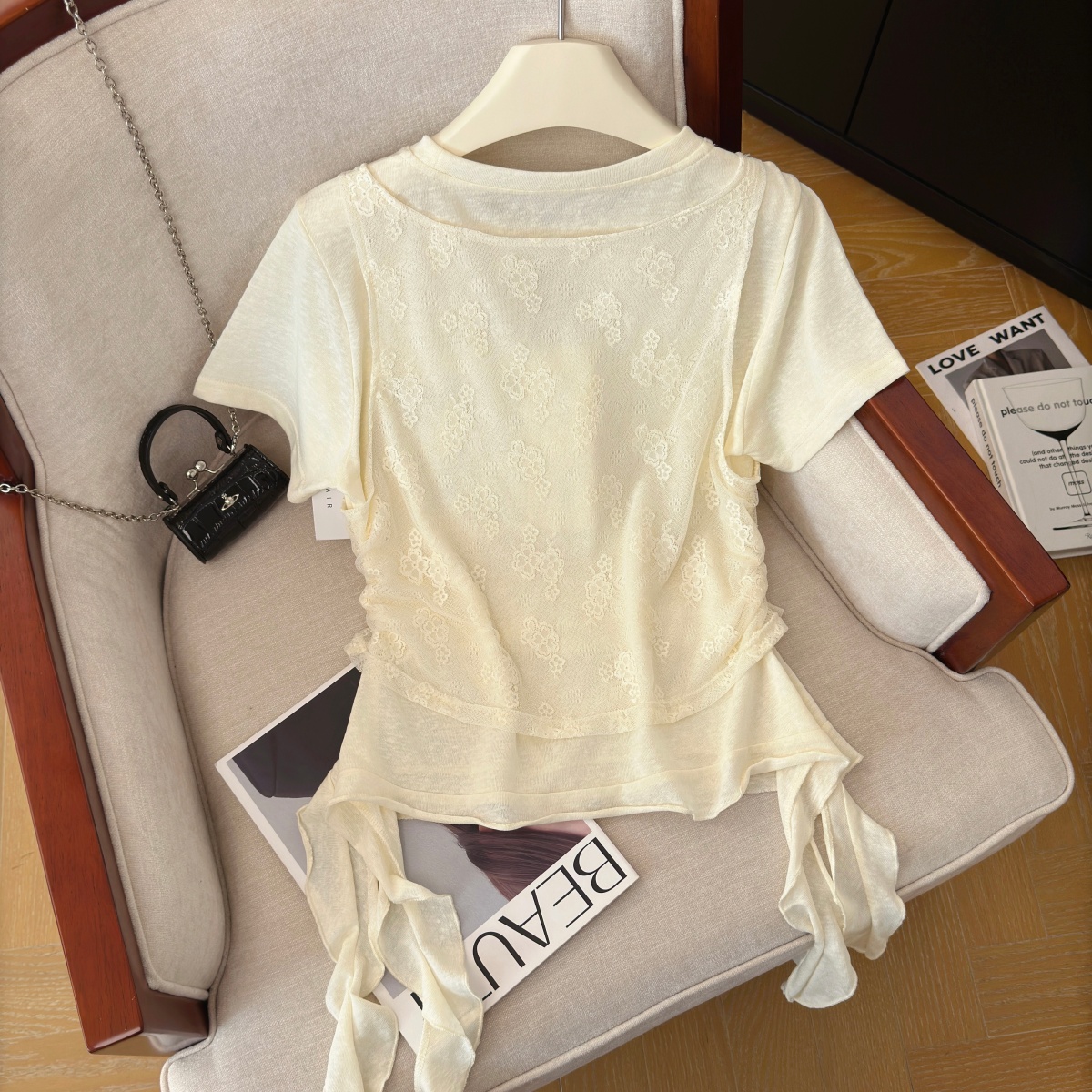 實拍軟糯舒適假兩件短袖女夏季新款設計感提花外穿氣質流蘇條上衣