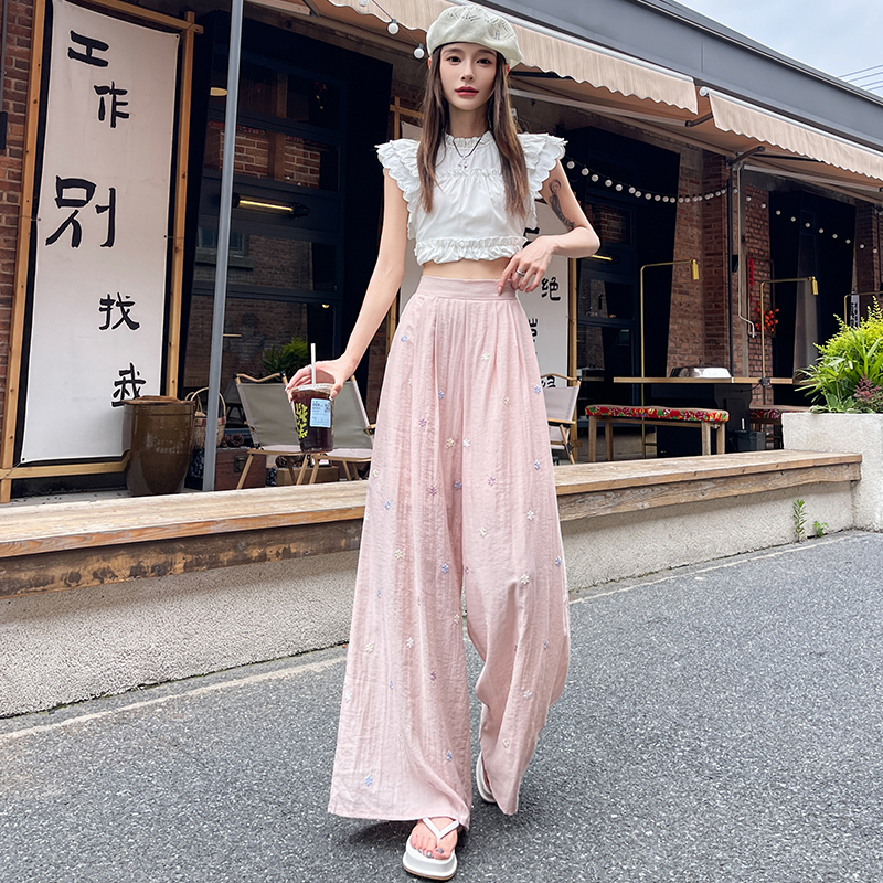 實拍慵懶風花朵刺繡休閑亞麻闊腿褲女2025夏季新款寬松顯瘦直筒褲