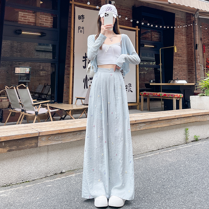 實拍慵懶風花朵刺繡休閑亞麻闊腿褲女2025夏季新款寬松顯瘦直筒褲