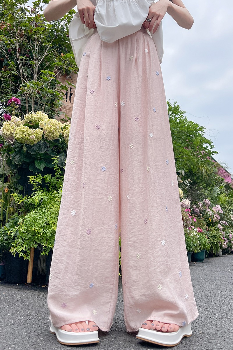 實拍慵懶風花朵刺繡休閑亞麻闊腿褲女2025夏季新款寬松顯瘦直筒褲