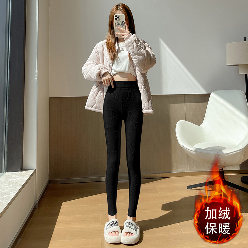 實拍提花針織打底褲女冬季外穿保暖高腰緊身彈力加絨加厚小腳褲
