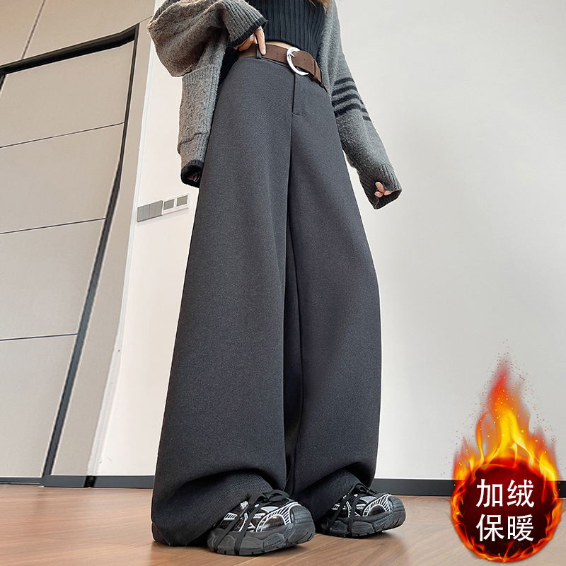 實拍 加絨灰色毛呢西裝闊腿褲女秋冬高腰垂感顯瘦直筒休閑拖地褲