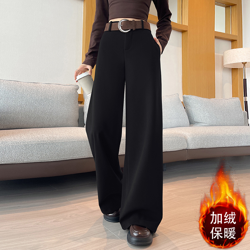 實拍 加絨灰色毛呢西裝闊腿褲女秋冬高腰垂感顯瘦直筒休閑拖地褲