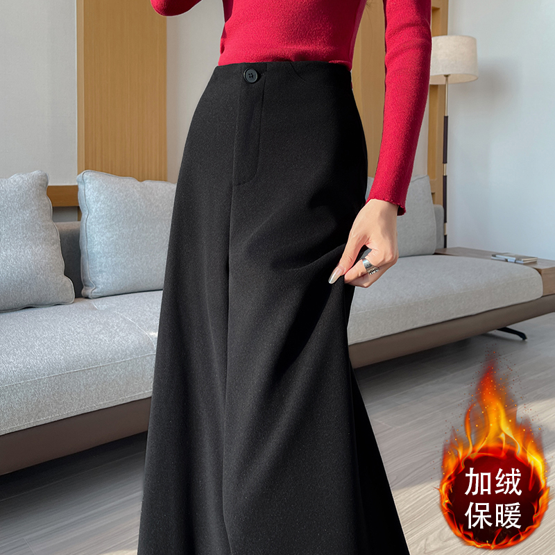 實拍 加絨毛呢西裝闊腿褲女秋冬梨形身材高腰寬松垂感休閑直筒褲