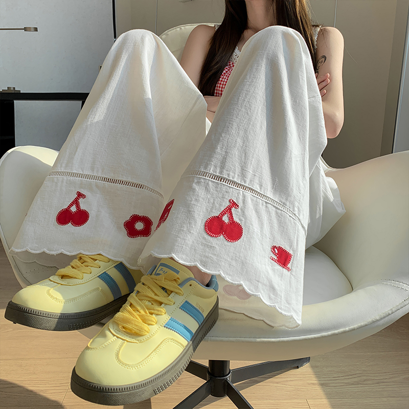 實拍刺繡亞棉麻闊腿褲女2026新款夏季減齡花邊慵懶松弛感休閑褲子