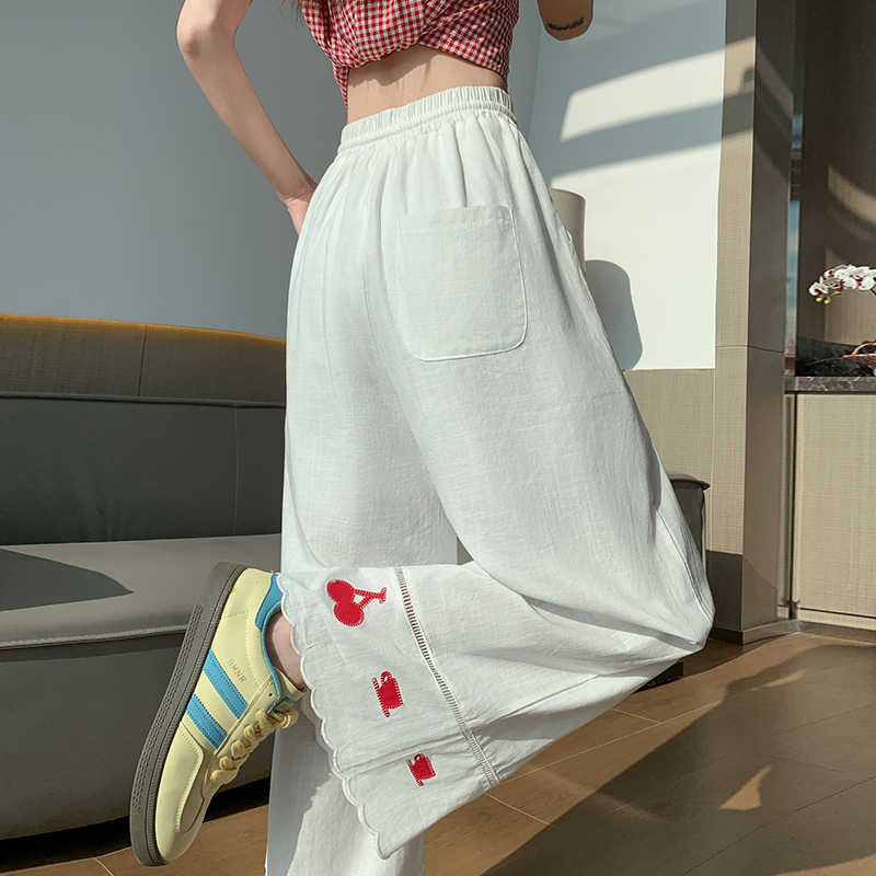 實拍刺繡亞棉麻闊腿褲女2026新款夏季減齡花邊慵懶松弛感休閑褲子