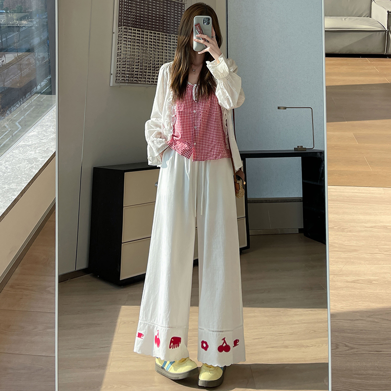 實拍刺繡亞棉麻闊腿褲女2026新款夏季減齡花邊慵懶松弛感休閑褲子