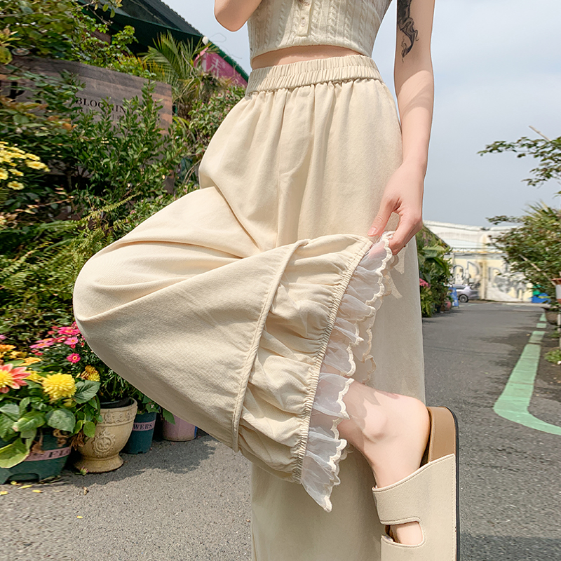 實拍洗水棉木耳蕾絲花邊褲子女夏季2026新款高腰休閑寬松闊腿褲