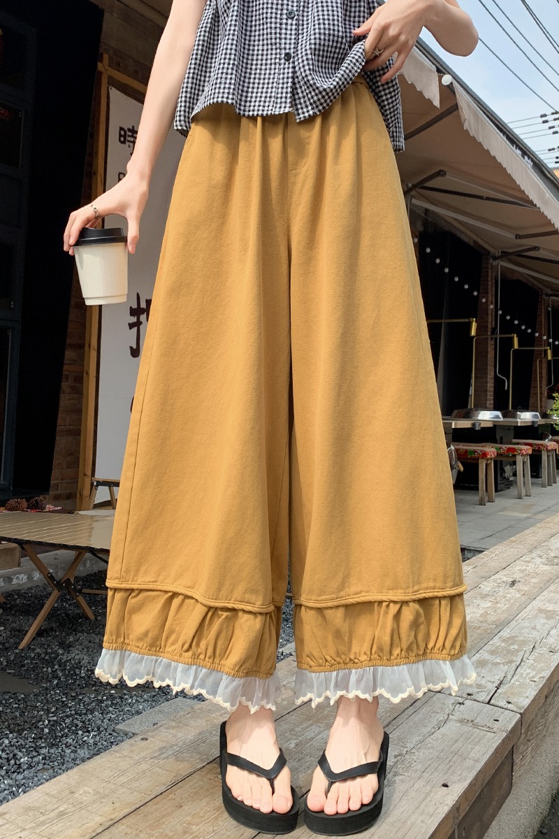 實拍洗水棉木耳蕾絲花邊褲子女夏季2026新款高腰休閑寬松闊腿褲