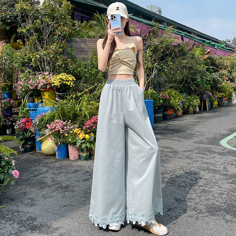 實拍森系甜美花朵拼接闊腿褲女夏薄款洗水棉小個子直筒休閑褲