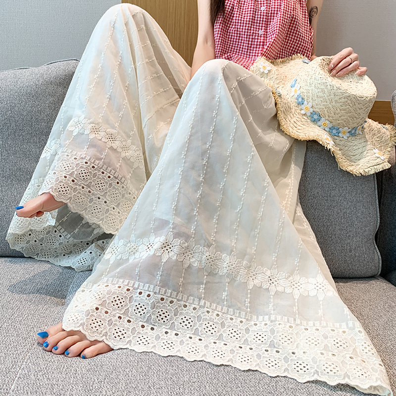 實拍鏤空刺繡花邊褲裙女夏季新款寬松顯瘦垂感休閑褲薄款闊腿褲子