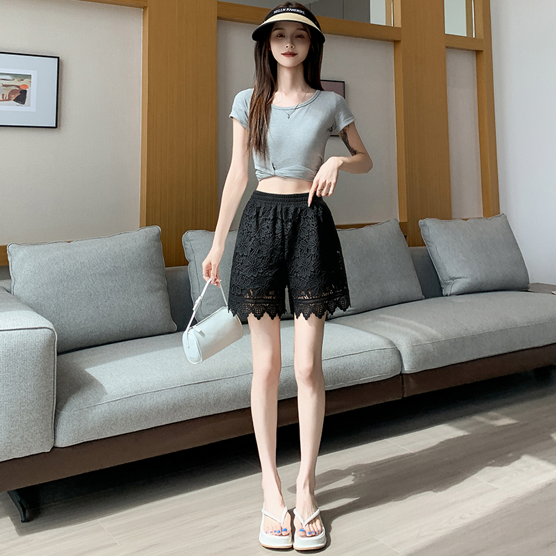 實拍蕾絲鏤空運動短褲女夏季薄款外穿高腰顯瘦寬松休閑闊腿三分褲