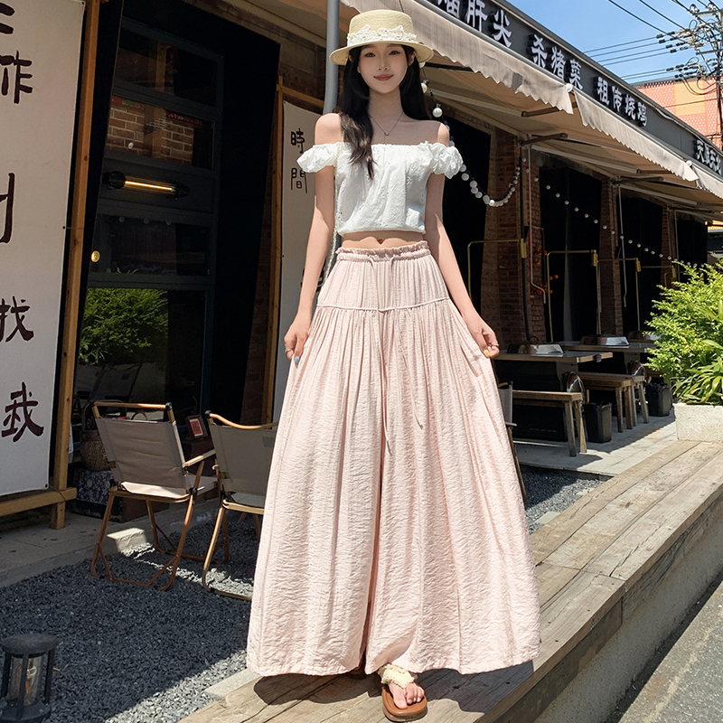 實拍韓系慵懶松弛感細褶裙褲設計感百搭休閑簡約純色氣質長褲女