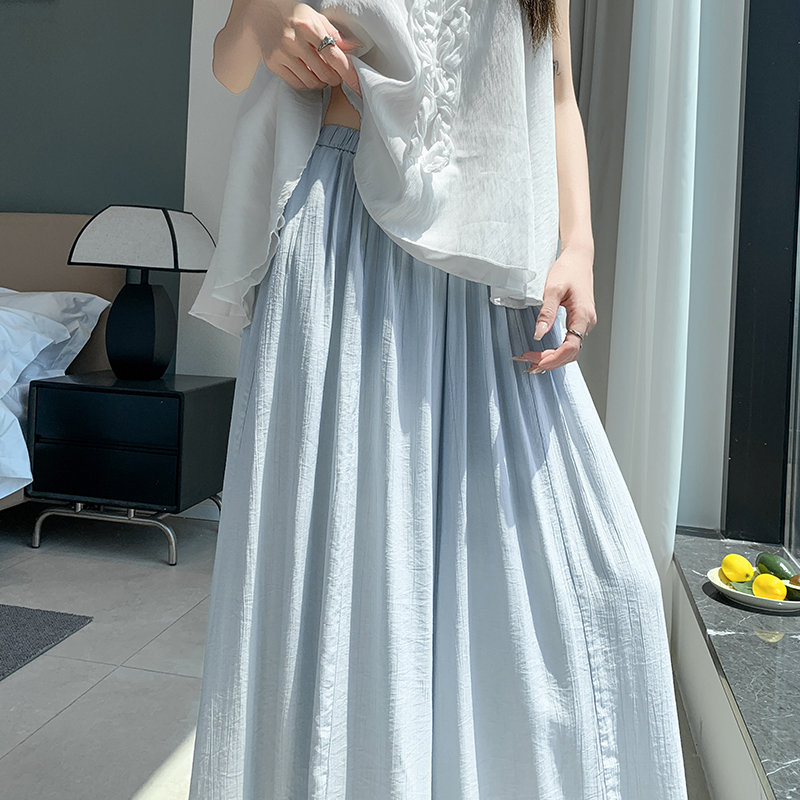 實拍冰絲闊腿褲女夏季薄款2026新款小個子松緊腰寬松垂感拖地褲裙