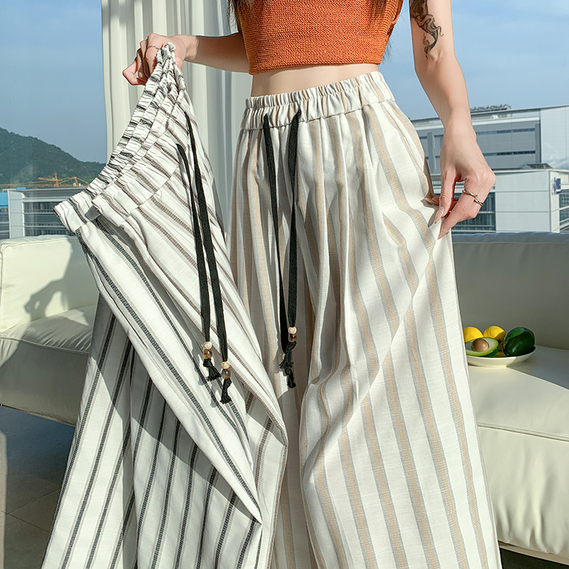實拍條紋亞麻闊腿褲女2026夏季薄款冰絲九分顯瘦直筒休閑遛彎褲子