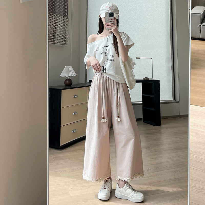 實拍蕾絲拼接闊腿褲女夏百搭小個子九分直筒褲高腰垂感系帶休閑褲