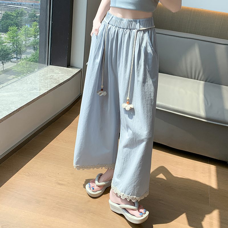 實拍蕾絲拼接闊腿褲女夏百搭小個子九分直筒褲高腰垂感系帶休閑褲