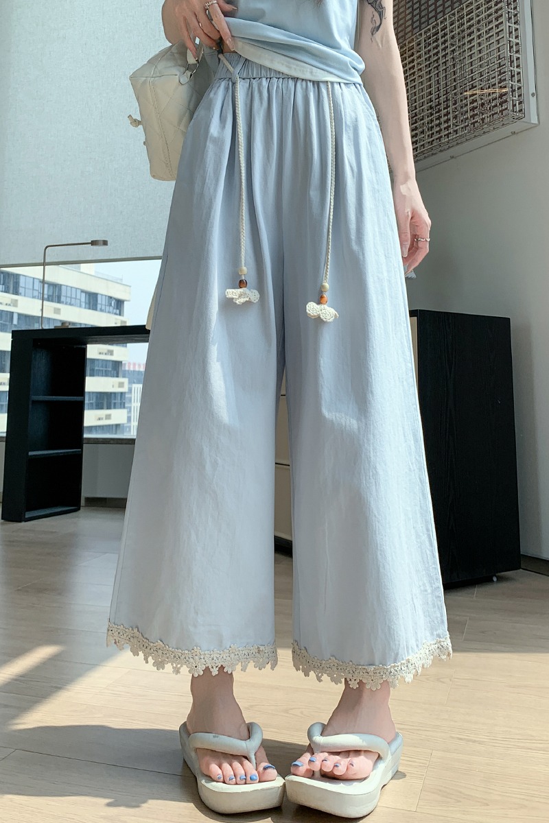 實拍蕾絲拼接闊腿褲女夏百搭小個子九分直筒褲高腰垂感系帶休閑褲