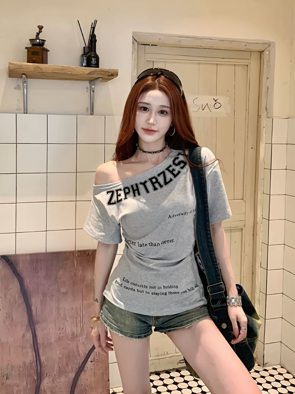 FA33000# 美式复古辣妹风斜肩印花设计感小众短袖T恤夏季新款百搭上衣 服裝批發女裝批發服飾貨源