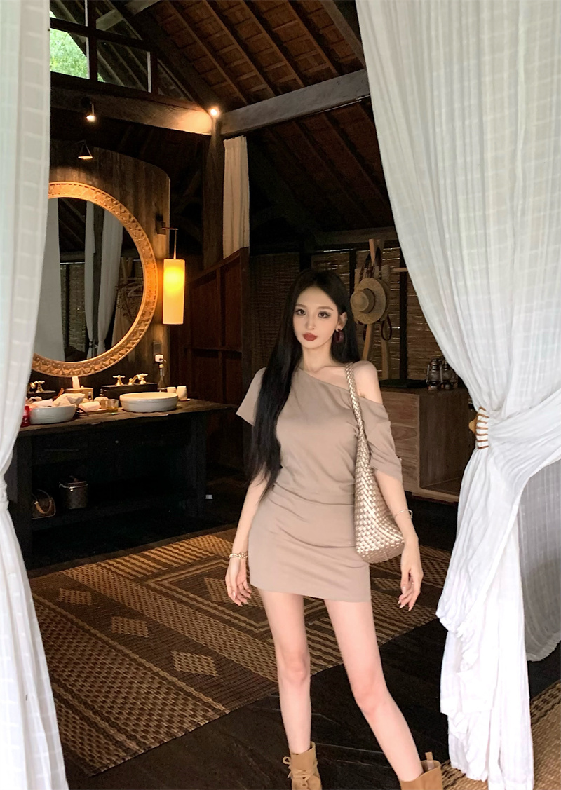 MY16463# 斜肩短袖连衣裙女复古时尚修身裙子收腰紧身包臀短裙女裝貨源...