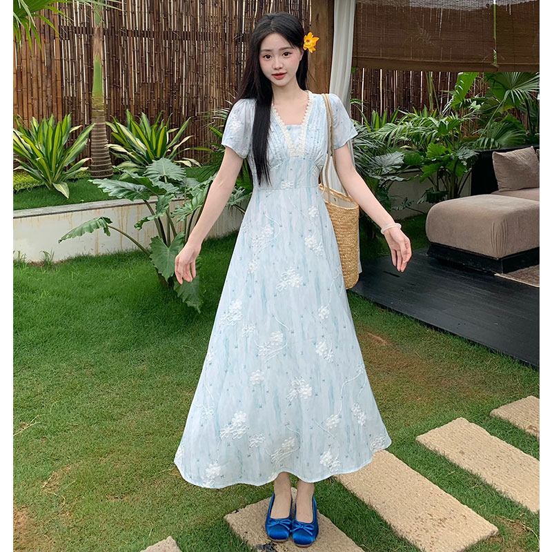 RY3387# 实拍~大码绮丽之梦复古裙子夏季中长款温柔收腰轻奢短袖连衣裙