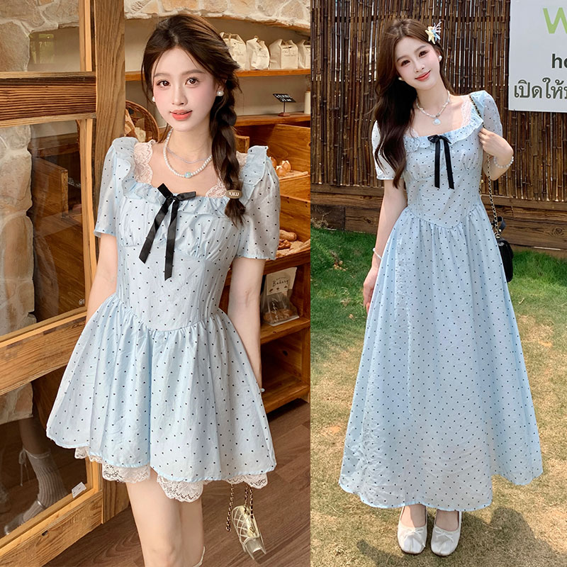 RY3386# 实拍~大码海盐方领波点吊带连衣裙女夏季法式气质a字裙子