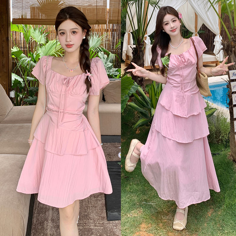 RY3385# 实拍~大码蜜桃白茶夏季新款甜美风不规则长款连衣裙收腰显瘦长...