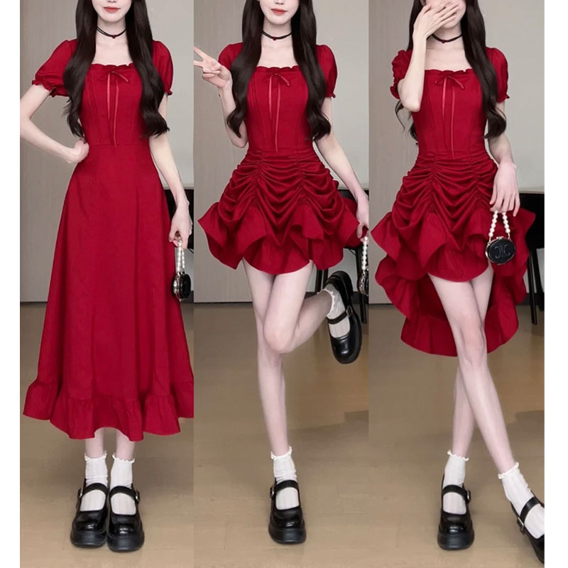 RY3383# 松本丧丧红色方领纯色长裙气质感收腰显瘦连衣裙