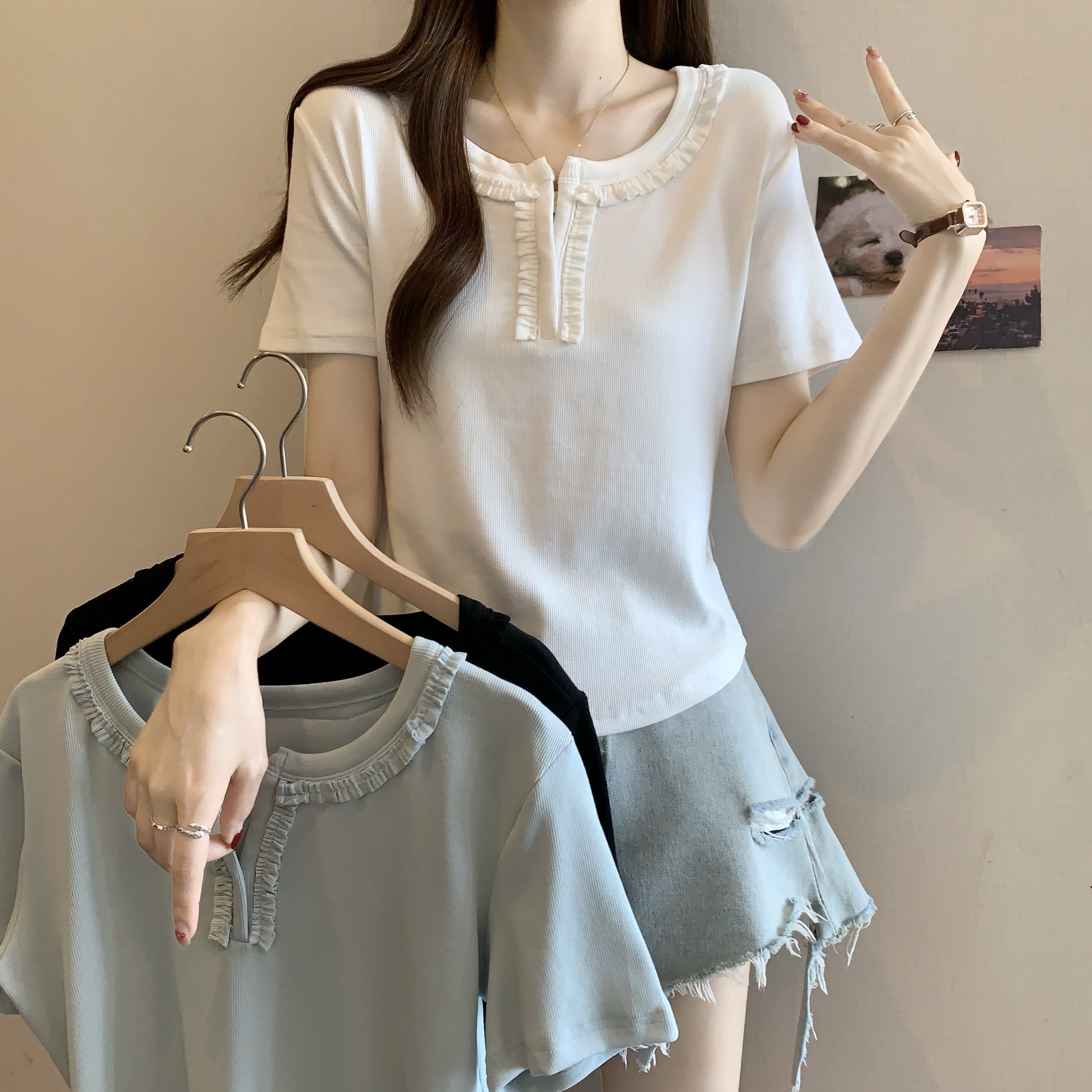 MY9646# V领甜心少女木耳花边领短袖T恤打底衫修身显瘦洋气上衣女裝貨源服裝批發