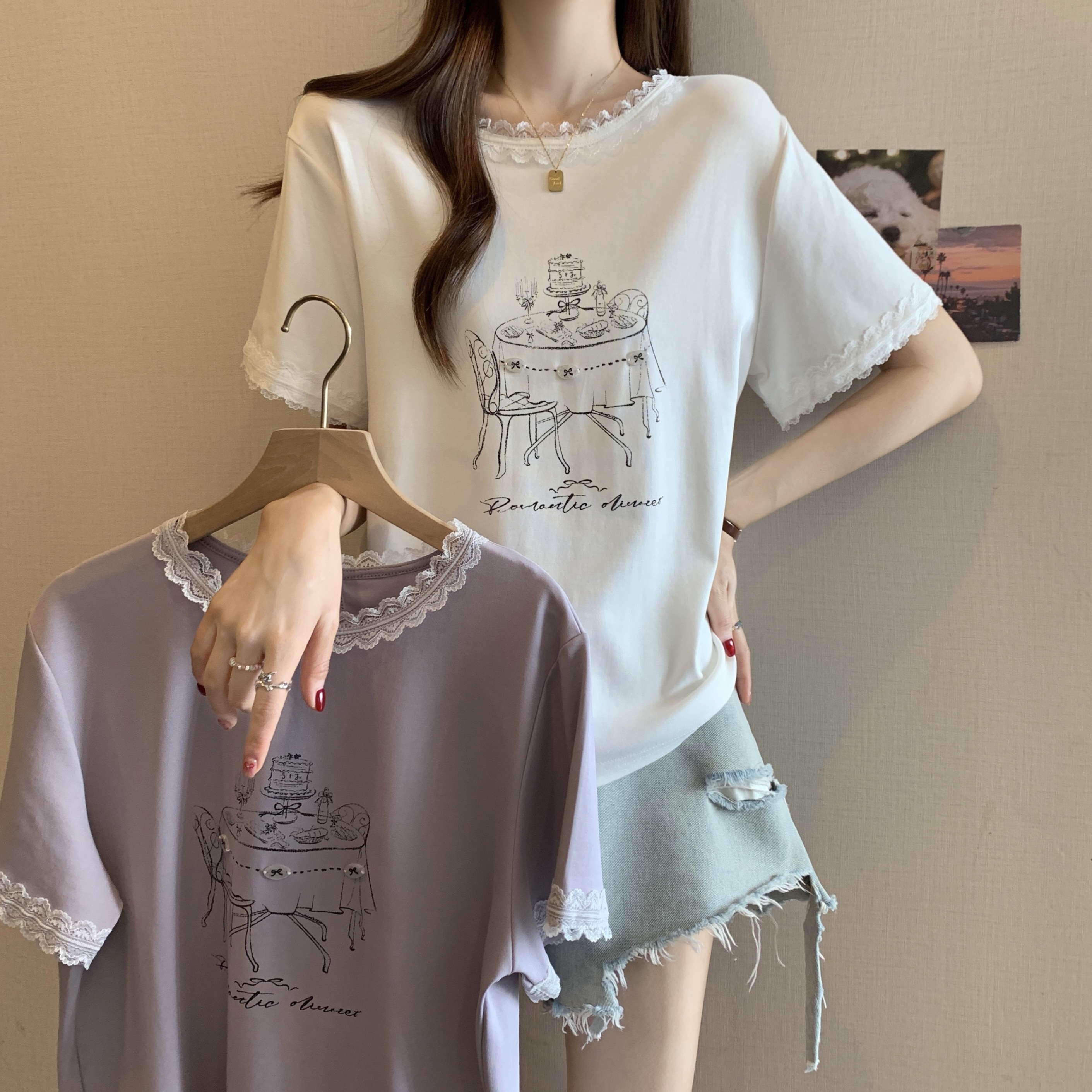 RY1367# 实拍大码~2026春夏季新款蕾丝边短袖T恤女百搭少女感甜美...