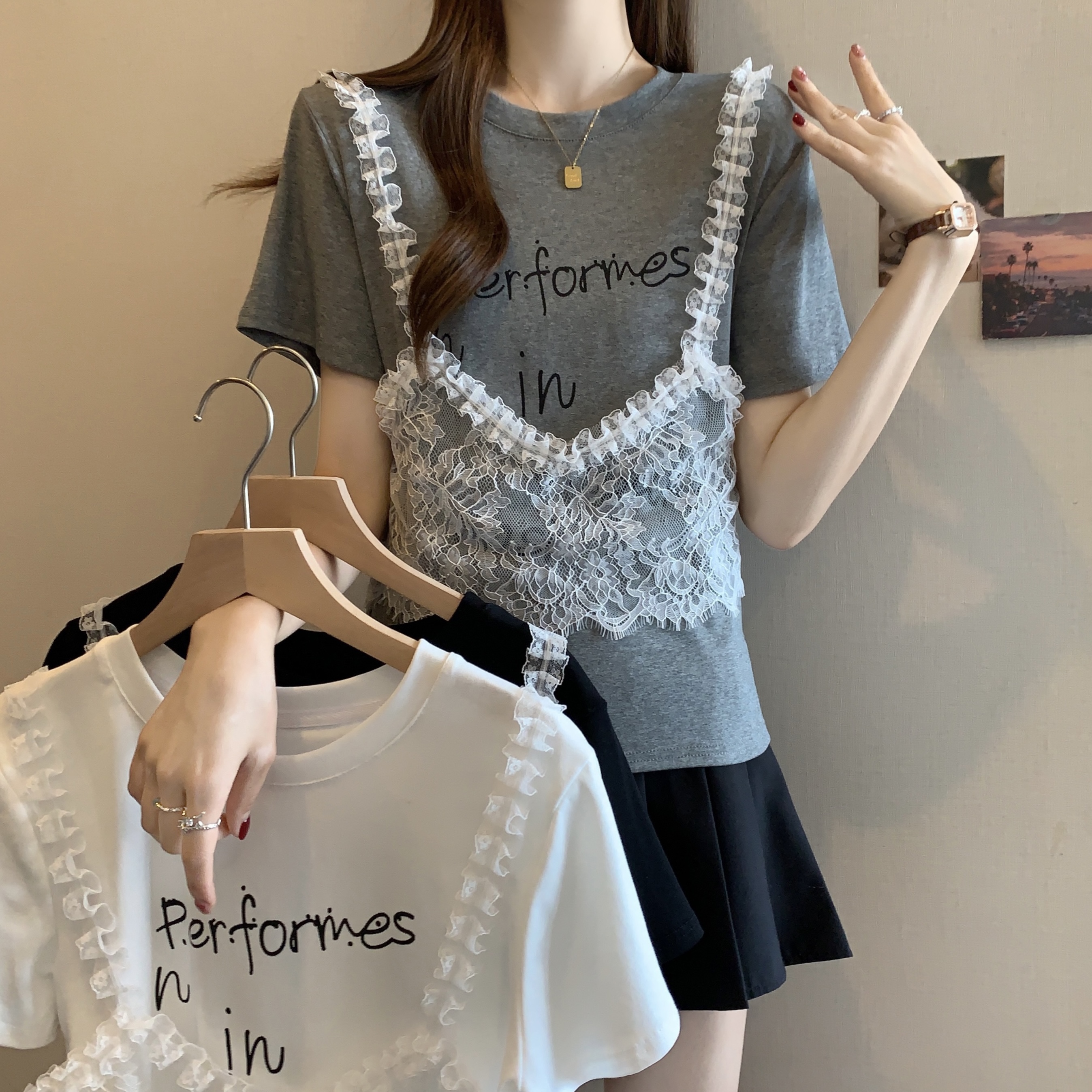 RY1372# 实拍大码~韩系2026春夏新款假两件蕾丝拼接短袖T恤女显瘦百搭上衣