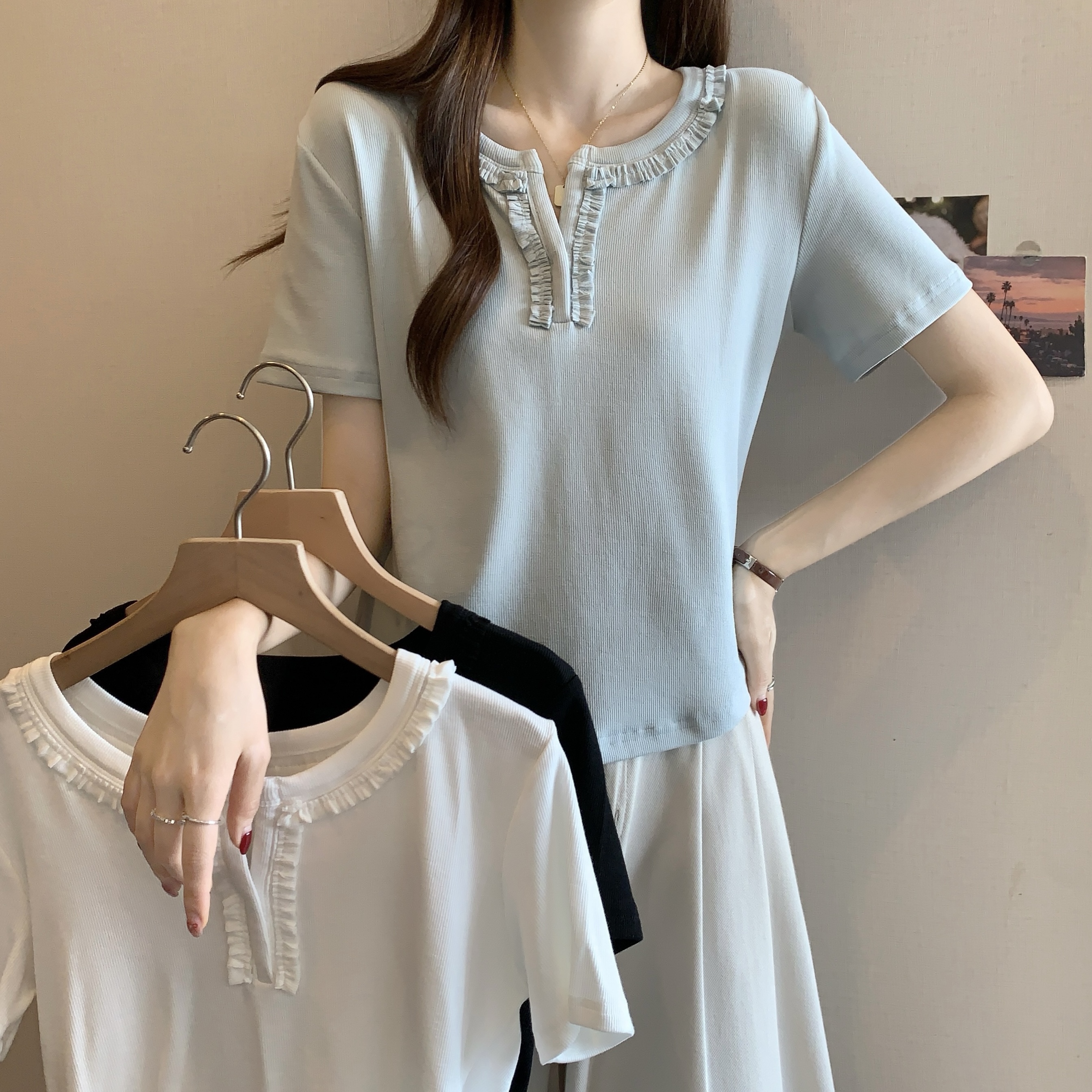 RY1369# V领甜心少女木耳花边领短袖T恤打底衫女2026春夏修身显瘦...