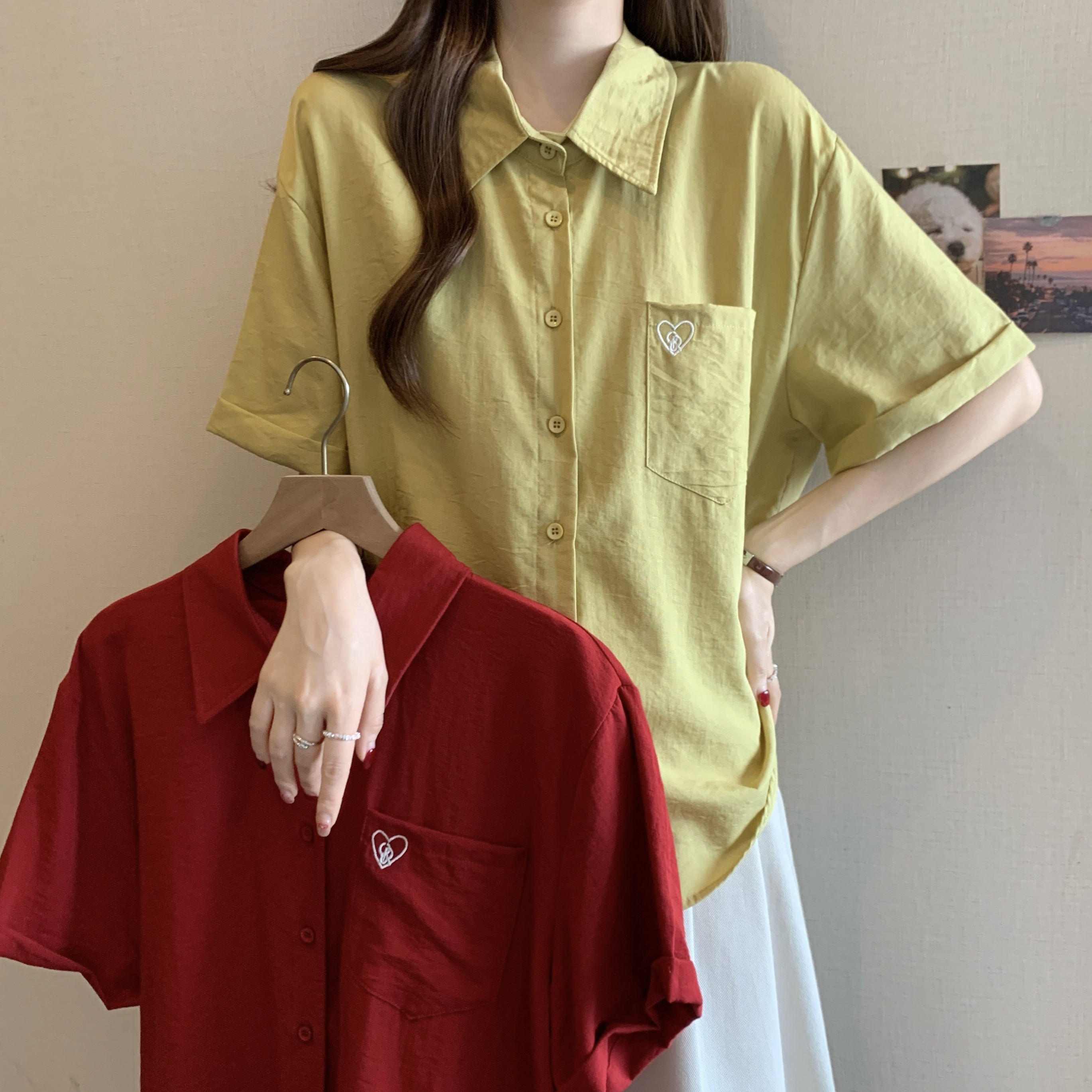 RY1370#大码胖mm2026夏季新款多巴胺穿搭POLO领衬衫爱心刺绣短...