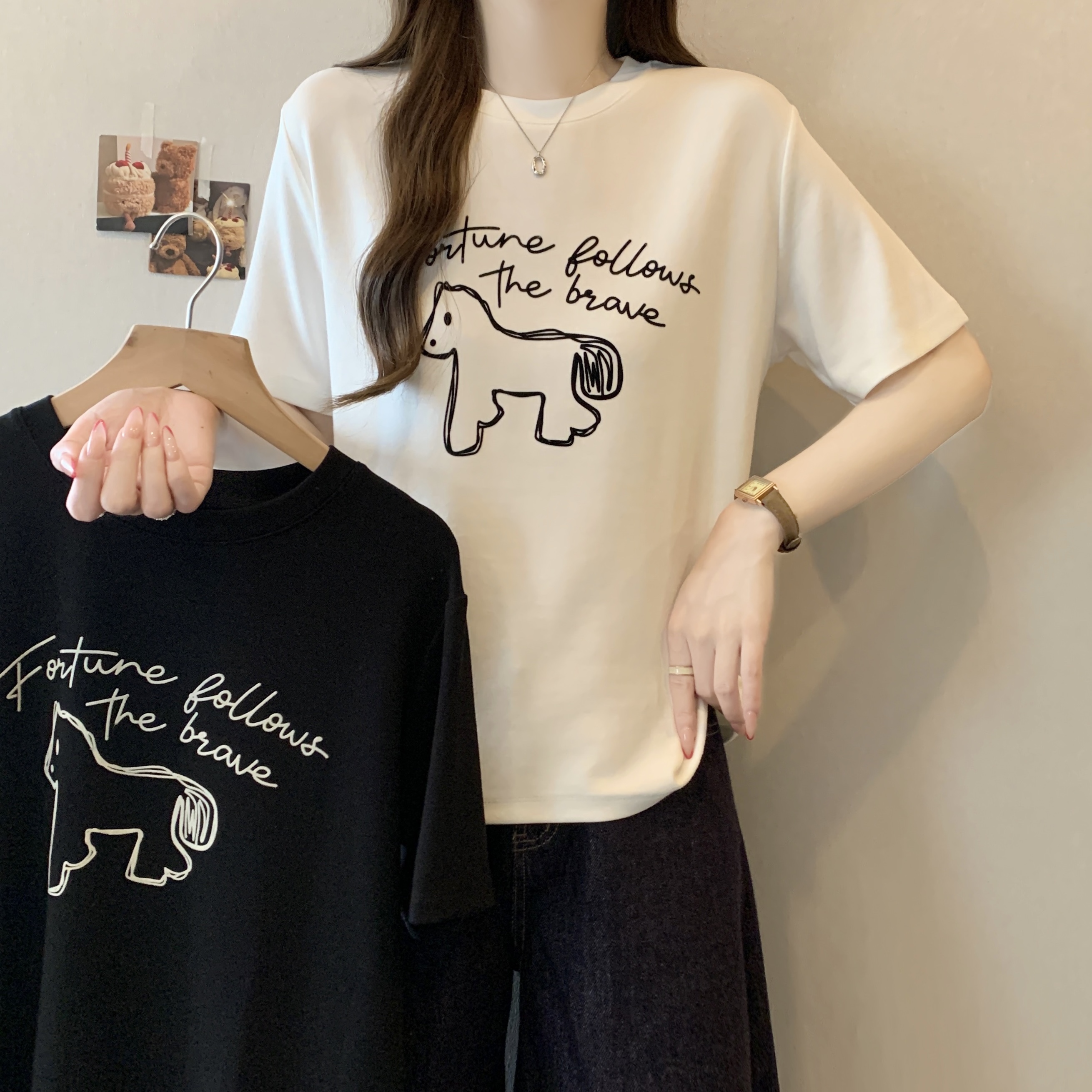 RY1368# 韩系慵懒小马植绒印花超柔软双面棉宽松短袖T恤女夏季百搭上衣