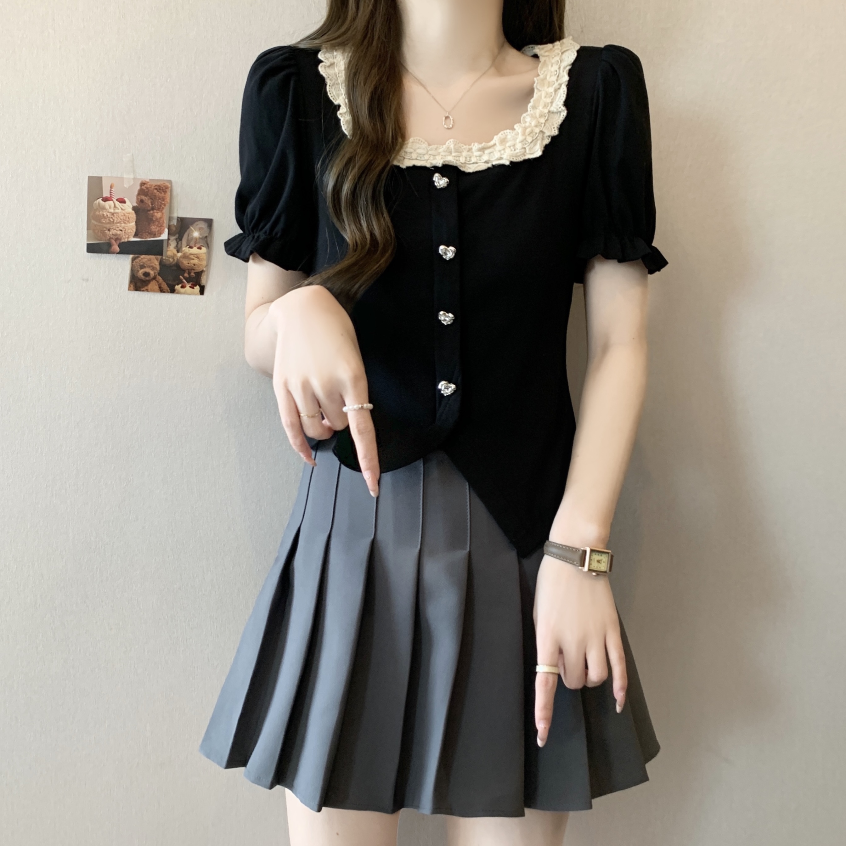 RY2603# 黑色法式方领短袖t恤女夏2026新款设计感蕾丝花边拼接泡泡...