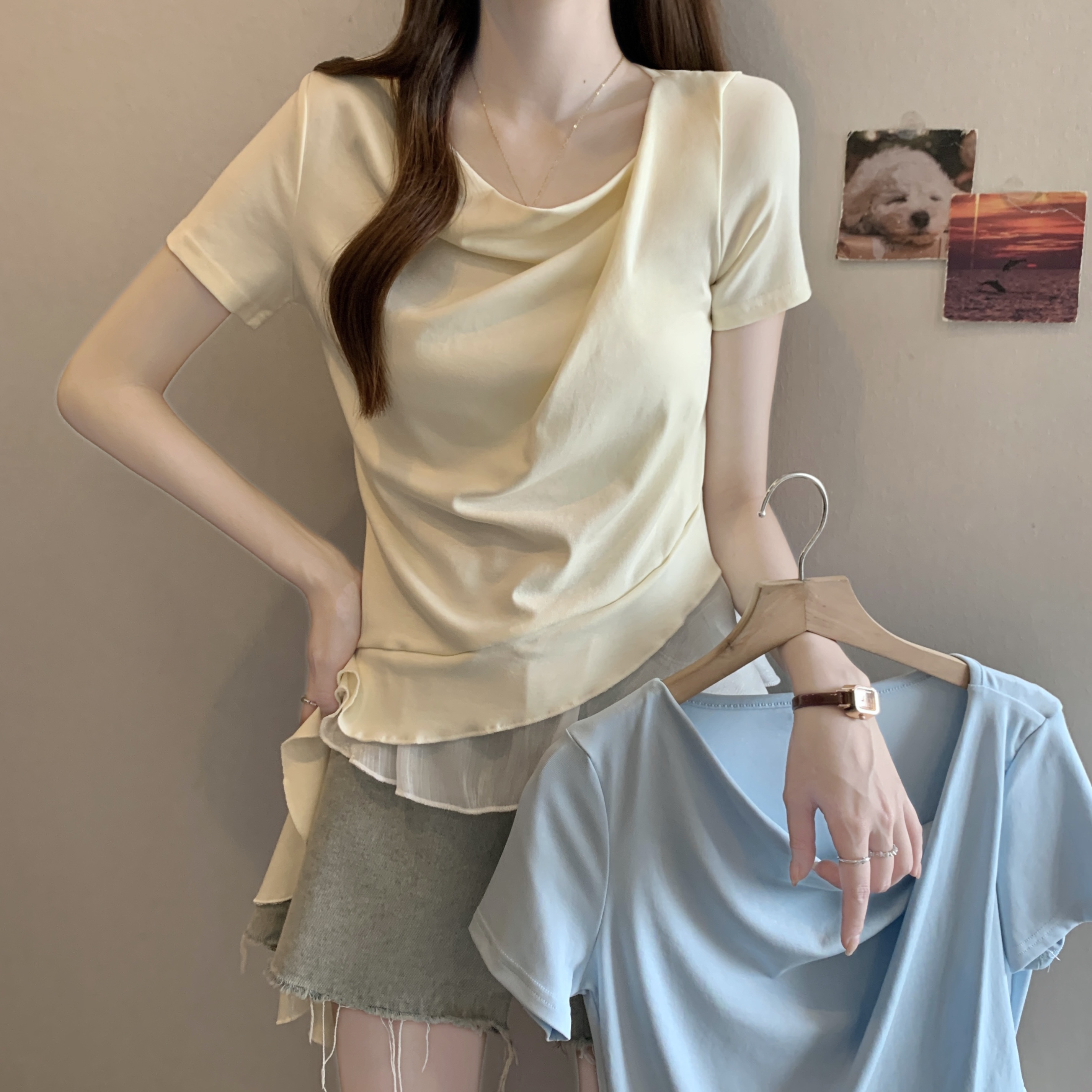 RY2604# 韩系荡领短袖T恤女2026夏季新款甜美风撞色拼接洋气减龄百...