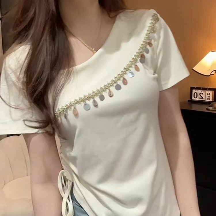 MY8394# 夏季新款流苏亮片短袖T恤女大码气质修身抽绳上衣不规则女裝貨源服裝批發