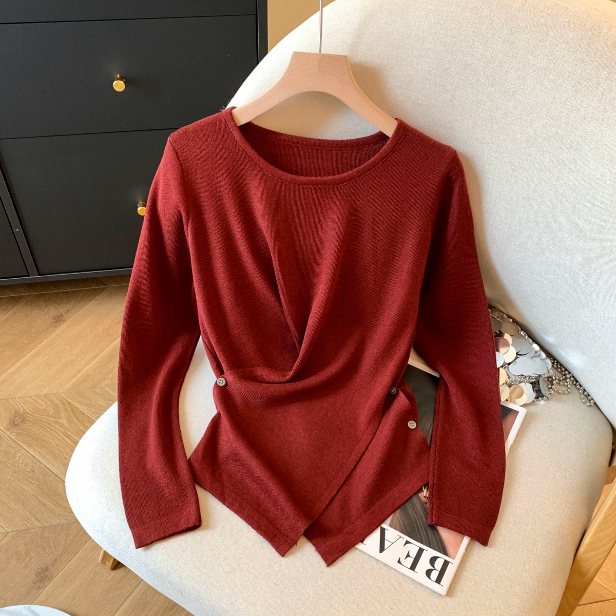 MY15662# 新款打底针织衫圆领内搭腰间交叉修身上衣女裝貨源服裝批發