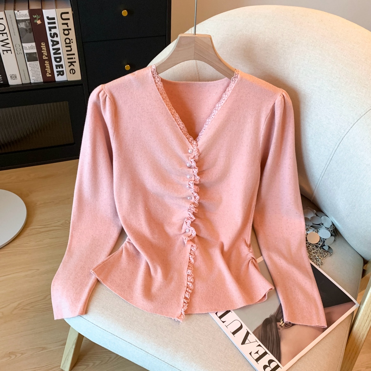 MY15661# 新款打底衫亮丝褶皱开衫蕾丝拼接V领内搭上衣温柔风女裝貨源...