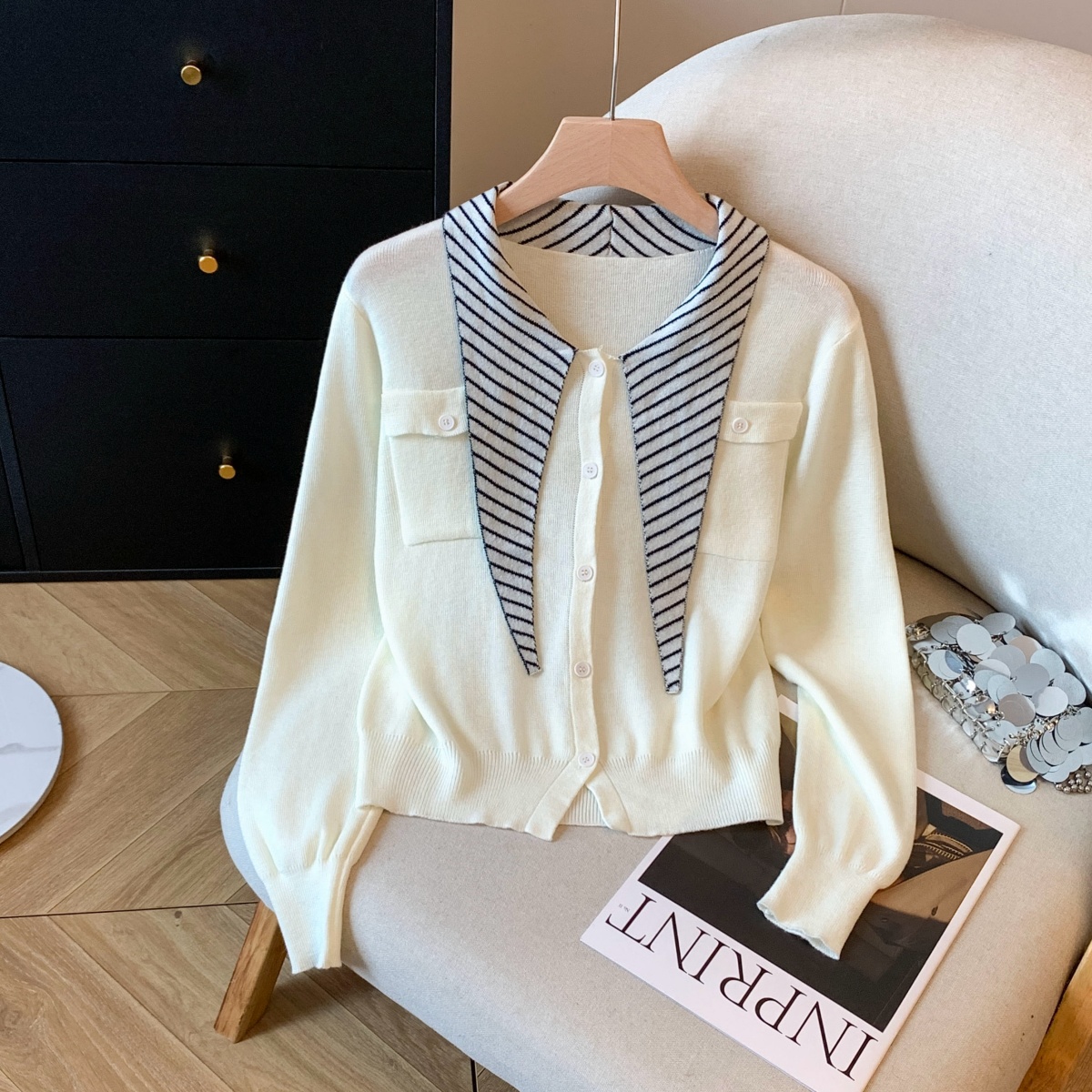 MY15659# 打底针织衫条文尖尖领撞色内搭上衣工装口袋减龄百搭女裝貨源...