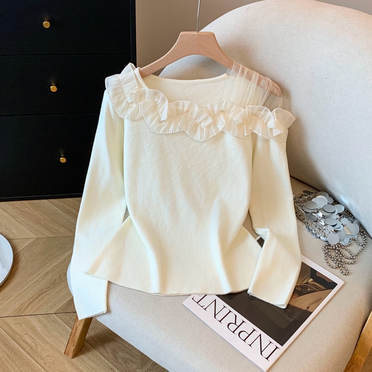 MY15660# 新款花边斜领打底针织衫网纱拼接斜肩内搭上衣洋气女裝貨源服...