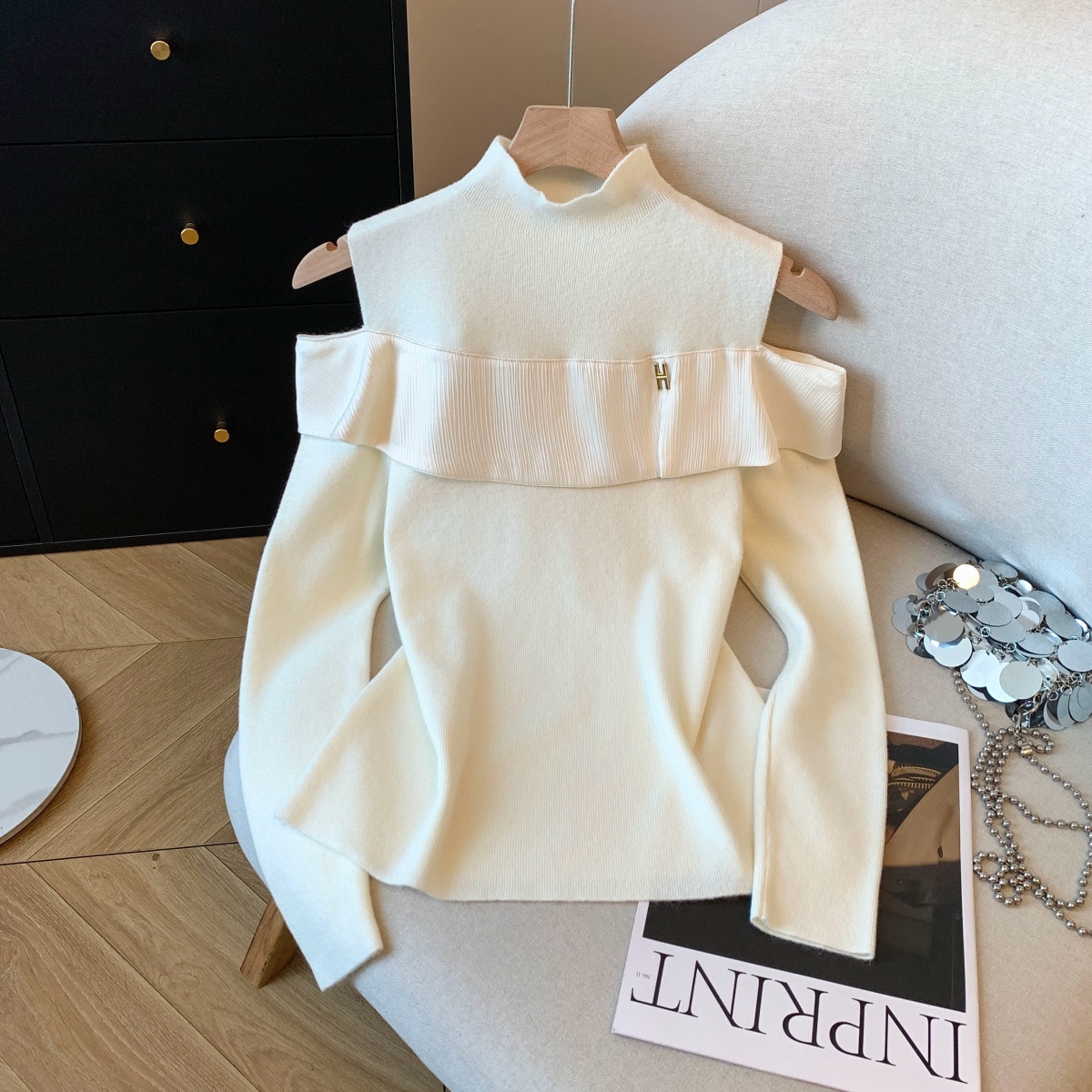 MY15658# 新款打底露肩针织衫缎面拼接荷叶边内搭毛衣半高领女裝貨源服裝批發