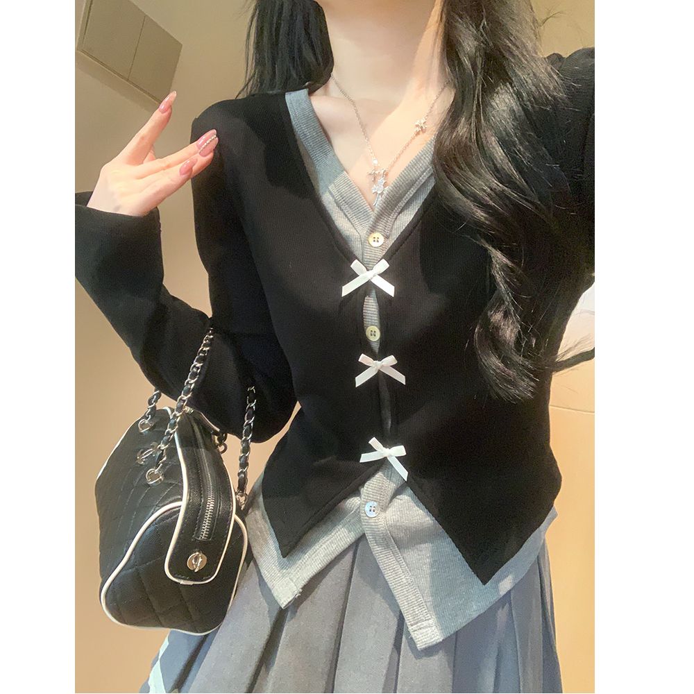 MY13845# 女裝貨源假两件V领蝴蝶结长袖T恤新款设计感法式独特短款打...
