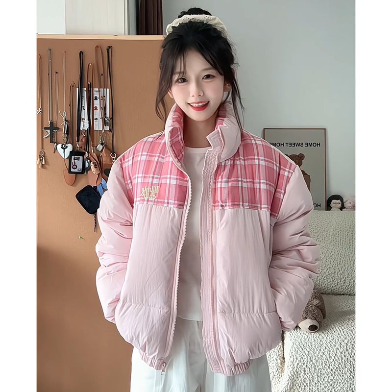 MY14252# 新款韩版拼接格子立领棉服外套女个性百搭休闲棉衣女女裝貨源服裝批發