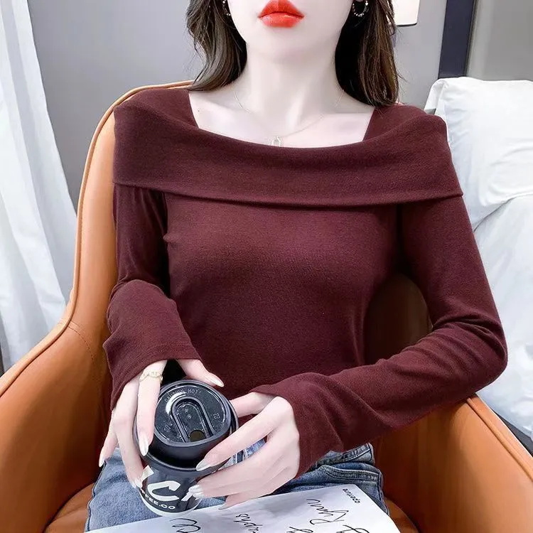 MY14699# 92棉8氨纶性感弹力打底衫女小众秋内搭长袖一字肩上衣潮女...