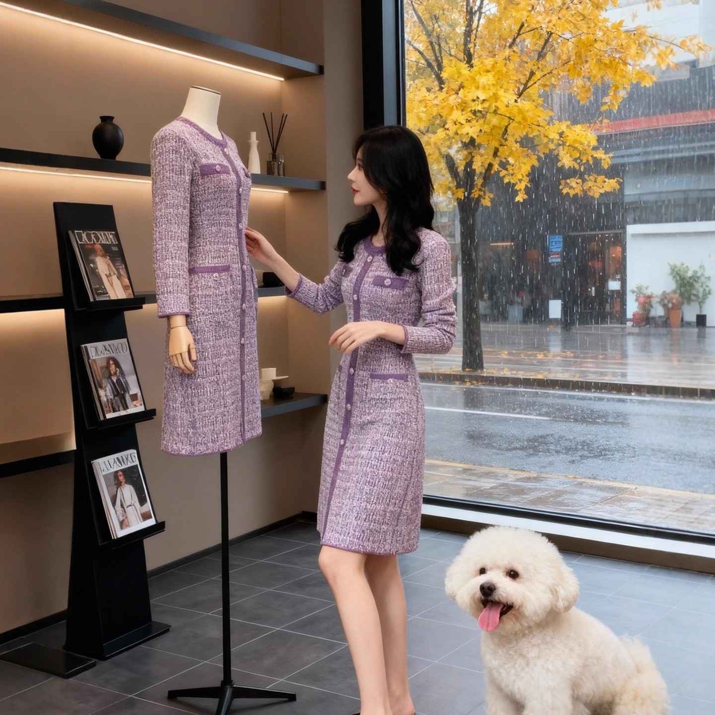 MY15949# 小香风紫色针织连衣裙新款修身收腰名媛气质排扣长裙子女裝貨源服裝批發