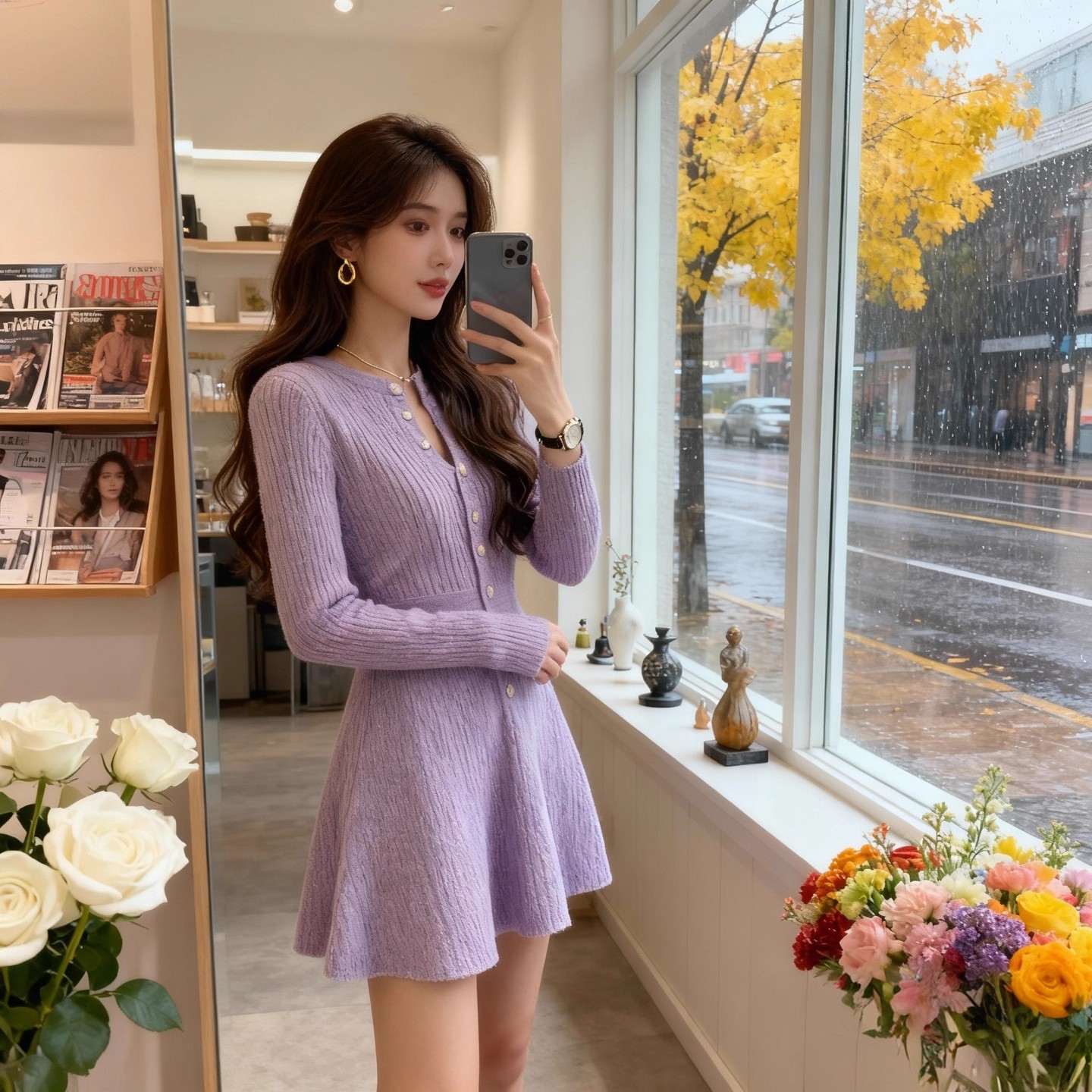 MY15948# 温柔风紫色V领针织连衣裙新款设计感收腰A字短裙小个子女裝貨源服裝批發